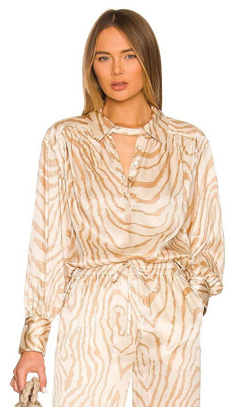 Jonathan Simkhai Halsey Blouse Silk Shell Jumbo Moire Beige Zebra Animal Print S